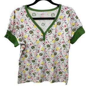Zoey Beth Y2K Baby Tee Apple Heart Print Henley V-Neck Green Trim White XL Vtg